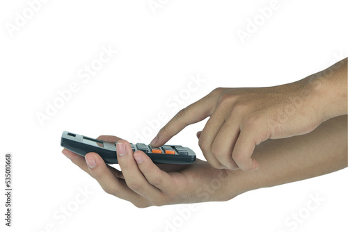 A man's hand holds a calculator isolated on a white background with clipping path.