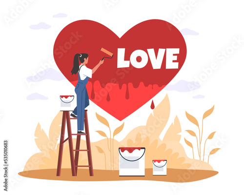 Love for people, obsessive enthusiasm connects emotions with recreational activities. Tiny woman hobby. Pleasure and motivation activity. Enthusiasm and satisfaction. Passion vector concept