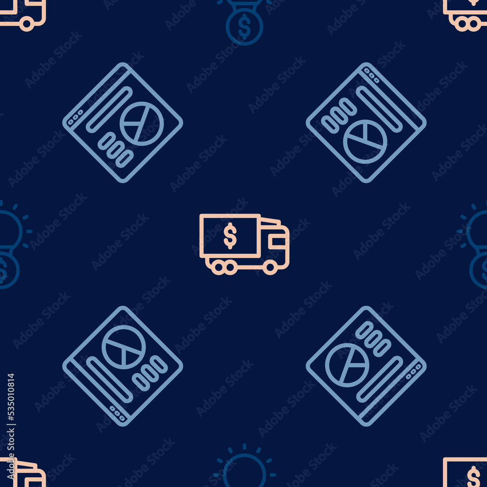Set line Light bulb with dollar, Pie chart infographic and Armored truck on seamless pattern. Vector Set line Light bulb with dollar, Pie chart infographic and Armored truck on seamless pattern. Vector
