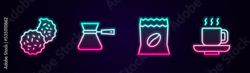 Set line Cookie or biscuit, Coffee turk, Bag coffee beans and cup. Glowing neon icon. Vector
