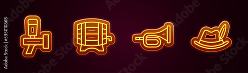 Set line Beer tap, Wooden barrel on rack, Trumpet and Oktoberfest hat. Glowing neon icon. Vector