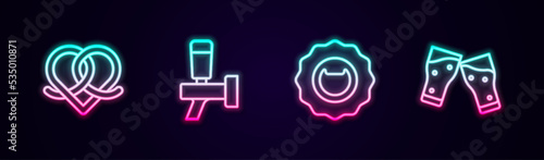Set line Pretzel, Beer tap, Bottle opener and Glass of beer. Glowing neon icon. Vector