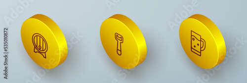 Set Isometric line Wooden barrel on rack, Bottle opener and Glass of beer icon. Vector