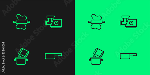 Set line Frying pan, Cooking pot and spice, Rolling pin on dough and Kitchen meat grinder icon. Vector