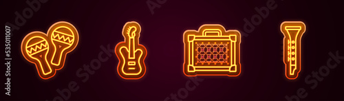 Set line Maracas, Electric bass guitar, Guitar amplifier and Clarinet. Glowing neon icon. Vector