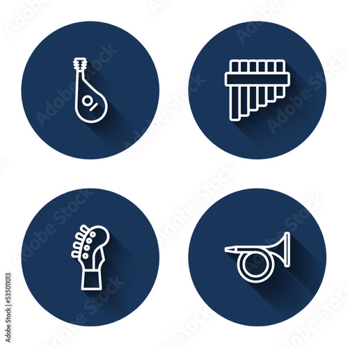 Set line Bandura, Pan flute, Guitar neck and Trumpet with long shadow. Blue circle button. Vector