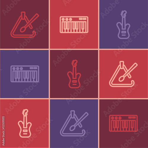 Set line Triangle musical instrument, Electric bass guitar and Music synthesizer icon. Vector