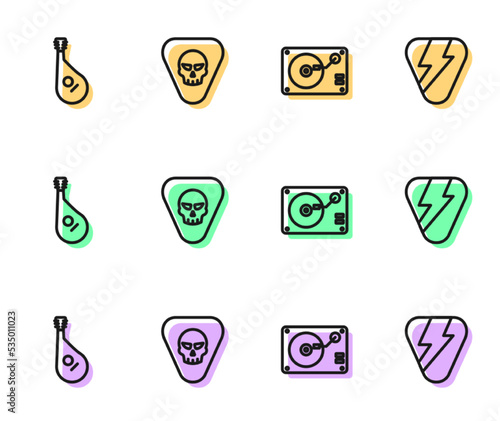 Set line Vinyl player with vinyl disk, Bandura, Guitar pick and icon. Vector