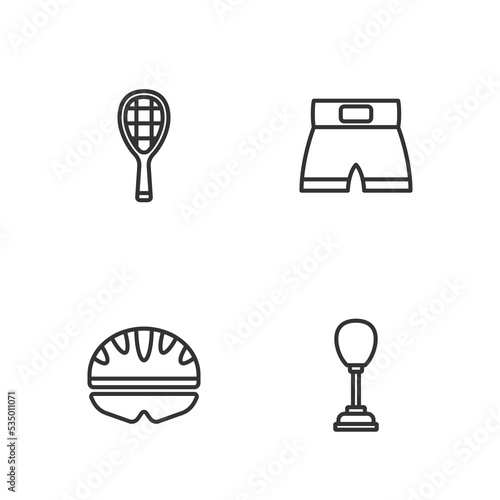 Set line Punching bag, Bicycle helmet, Tennis racket and Boxing short icon. Vector