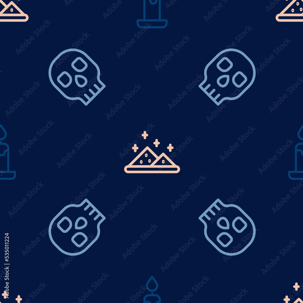 Set line Burning candle, Skull and Magic powder on seamless pattern. Vector Set line Burning candle, Skull and Magic powder on seamless pattern. Vector