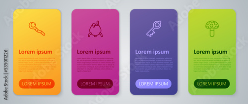 Set line Old magic key, Psilocybin mushroom, Magic staff and Witch cauldron. Business infographic template. Vector