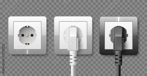 Outlet with power cord. Realistic white and black plastic sockets, electrical power supply. Electric plugs with cable, 3d isolated on transparent background elements utter vector concept