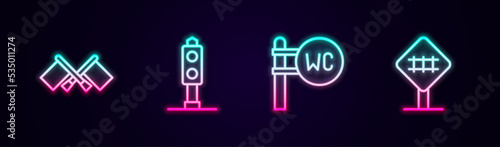 Set line Flag, Train traffic light, Toilet and Railroad crossing. Glowing neon icon. Vector