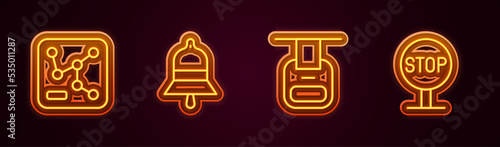 Set line Railway map, Train station bell, Cable car and Stop sign. Glowing neon icon. Vector