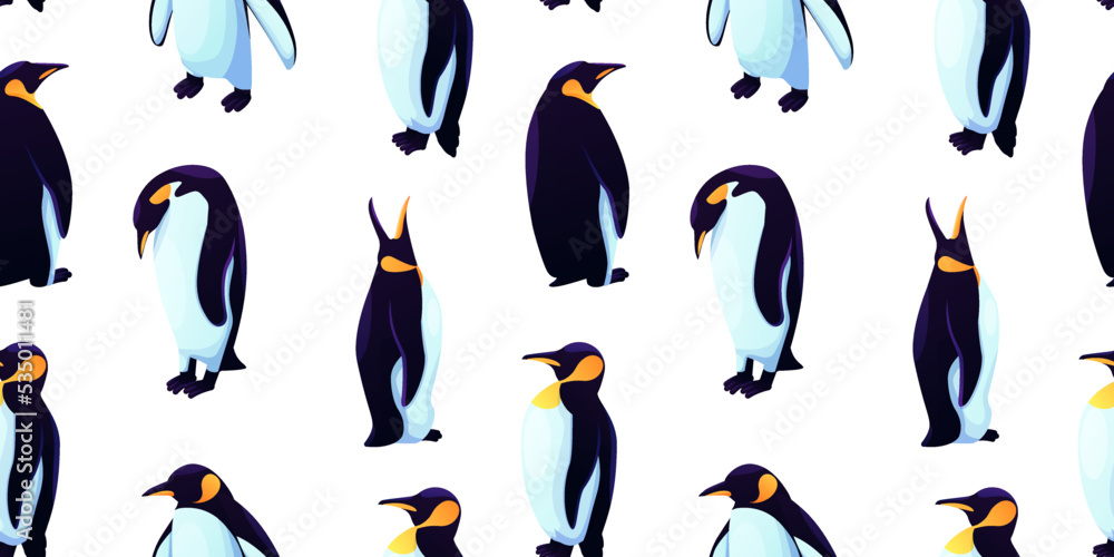 Obraz premium Penguin pattern, japan kid print. Young baby gentleman, funny fabric textile kids, north birdie background. Vector seamless backdrop. Zoo and wildlife birds. Wrapping paper, wallpaper design