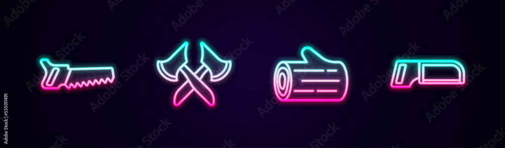 Set line Hand saw, Wooden axe, log and Hacksaw. Glowing neon icon. Vector Set line Hand saw, Wooden axe, log and Hacksaw. Glowing neon icon. Vector