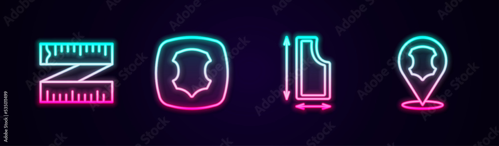 Set line Tape measure, Leather, Sewing pattern and . Glowing neon icon. Vector Set line Tape measure, Leather, Sewing pattern and . Glowing neon icon. Vector