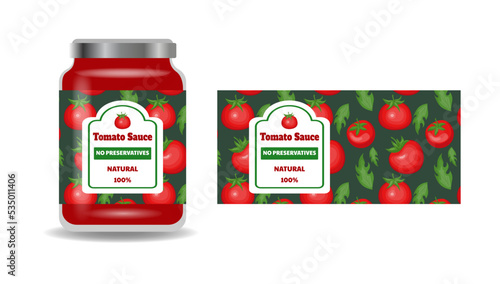 Tomato sauce jar. Italian chilli can. Packaging label template. Hot pepper spicy product. Container of organic basil food. Meal dressing. Ketchup package sticker. Vector original design