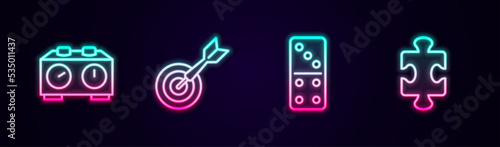 Set line Time chess clock, Classic dart board and arrow, Domino and Puzzle pieces toy. Glowing neon icon. Vector