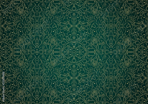Hand-drawn unique abstract gold ornament on a dark green cold background, with vignette of darker background color. Paper texture. Digital artwork, A4. (pattern: p07-2b)