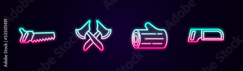 Set line Hand saw, Wooden axe, log and Hacksaw. Glowing neon icon. Vector