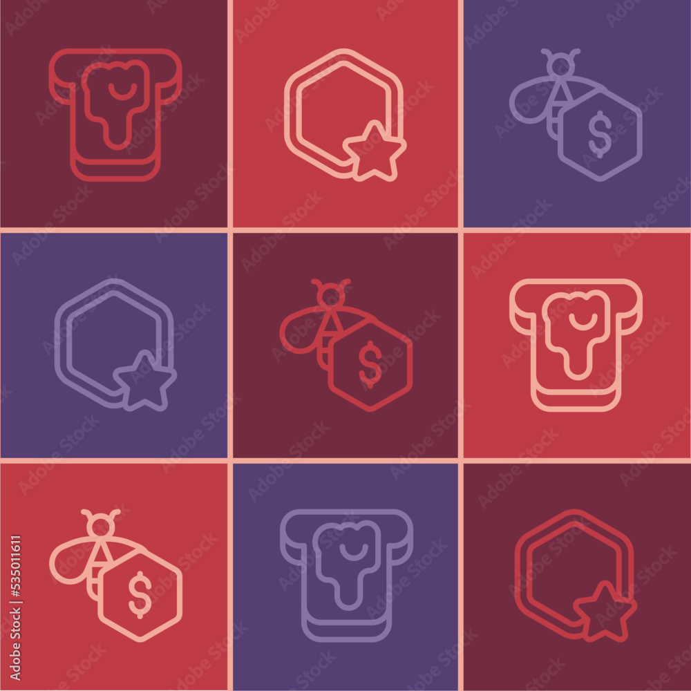 Set line Bread with honey, Sale of bees and Honeycomb icon. Vector Set line Bread with honey, Sale of bees and Honeycomb icon. Vector