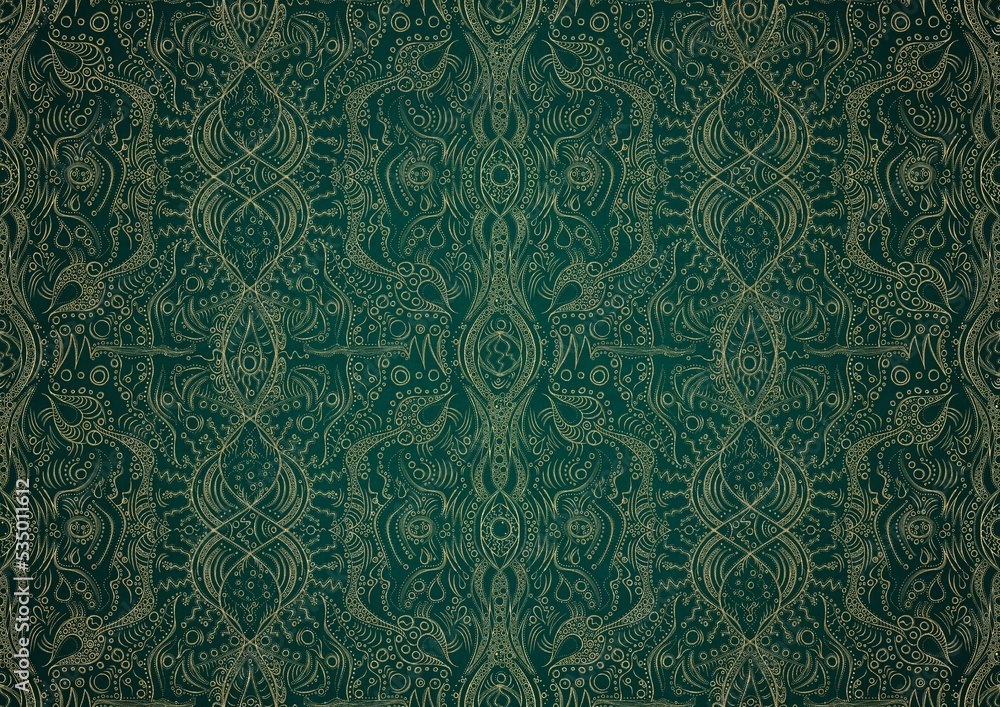 Hand-drawn unique abstract gold ornament on a dark green cold background, with vignette of darker background color. Paper texture. Digital artwork, A4. (pattern: p09b)