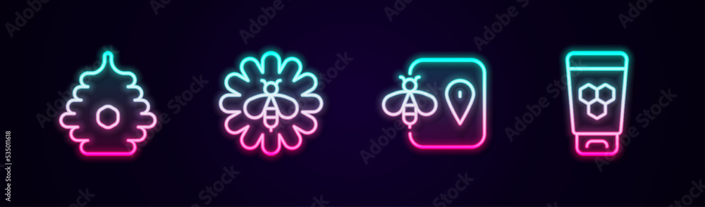 Set line Hive for bees, Bee on flower, location and Cosmetic tube with honey. Glowing neon icon. Vector Set line Hive for bees, Bee on flower, location and Cosmetic tube with honey. Glowing neon icon. Vector