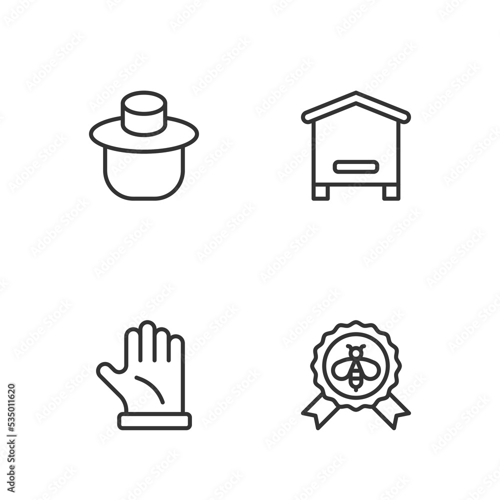 Set line Best bee, Beekeeper glove, with protect hat and Hive for bees icon. Vector Set line Best bee, Beekeeper glove, with protect hat and Hive for bees icon. Vector