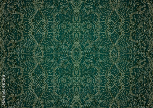 Hand-drawn unique abstract gold ornament on a dark green cold background, with vignette of darker background color. Paper texture. Digital artwork, A4. (pattern: p09b)