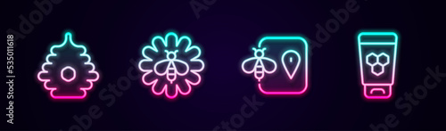 Set line Hive for bees, Bee on flower, location and Cosmetic tube with honey. Glowing neon icon. Vector