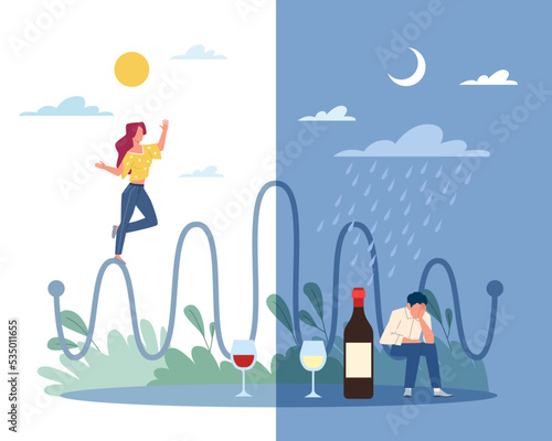 Psychological state, bipolar disorder, happiness and depression. Man and woman unstable mood and alcoholism, bad and good thoughs, split personality. Mental health vector cartoon flat concept