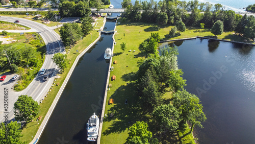 Aerial view of boats on the Trent Severn Canal in Buckhorn, Ontario, Canada