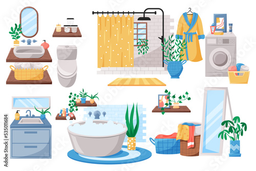 Bathroom interior. Toilet room. Bath and laundry basket. Closet or washroom modern furniture. Sink with toiletries. Washing machine. Restroom elements set. Vector flat illustration