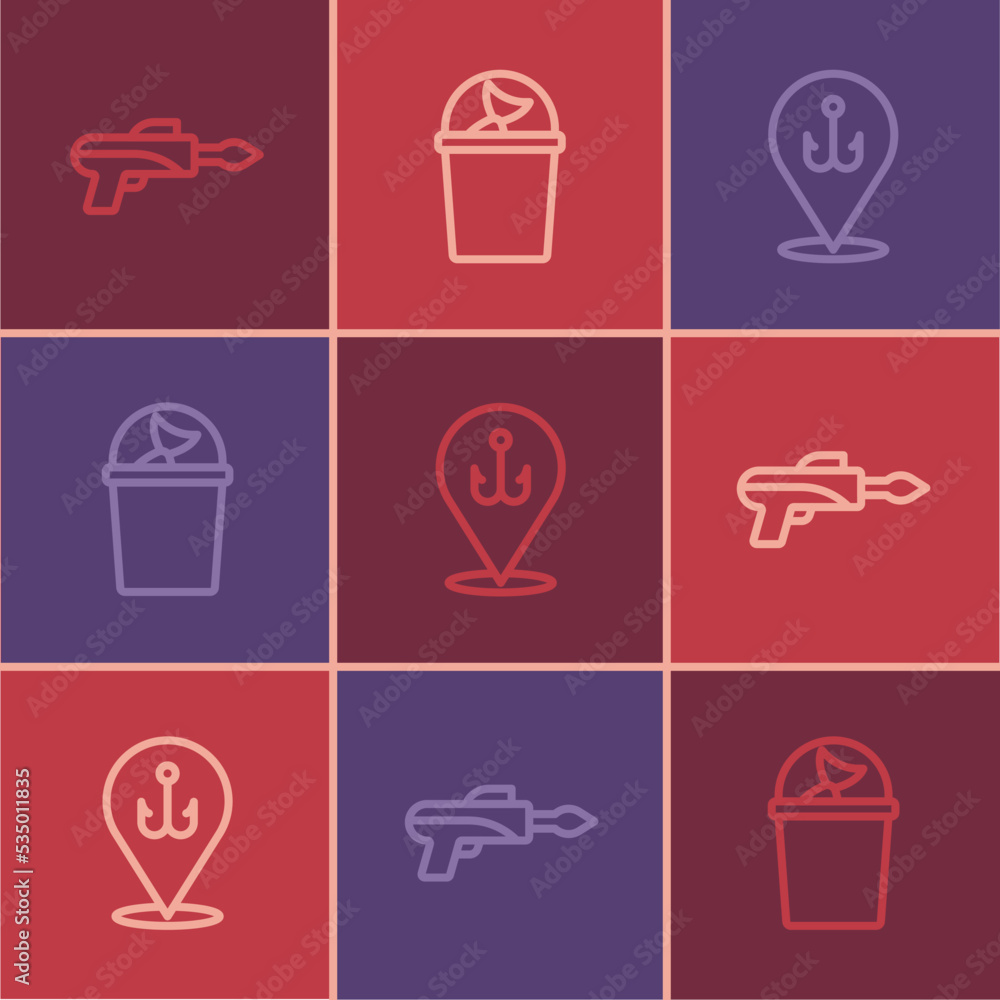 Set line Fishing harpoon, hook and bucket with fish icon. Vector Set line Fishing harpoon, hook and bucket with fish icon. Vector