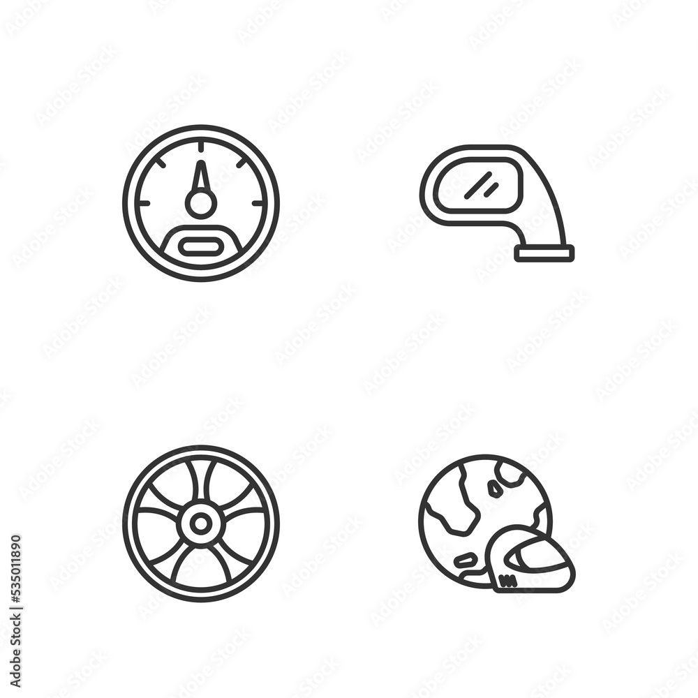 Set line Racing helmet, Alloy wheel for car, Speedometer and Car mirror icon. Vector Set line Racing helmet, Alloy wheel for car, Speedometer and Car mirror icon. Vector
