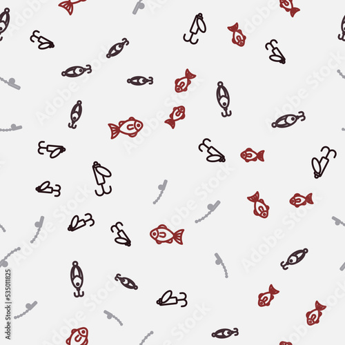 Set line Fishing lure, rod and on seamless pattern. Vector
