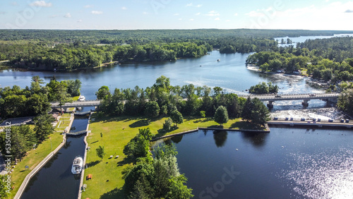 Drone shot of the Buckhorn Lock on the Trent Severn Canal in Ontario, Canada photo