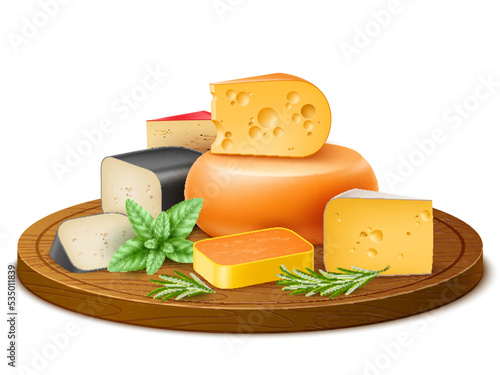 Realistic cheese pieces. Isolated milk products on wooden cutting board different varieties, cheddar and parmesan, creamy meal, eco organic farm food, dairy nutrition utter vector concept
