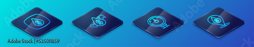 Set Isometric line Motor gas gauge, Oil drop with dollar symbol, and price increase icon. Vector