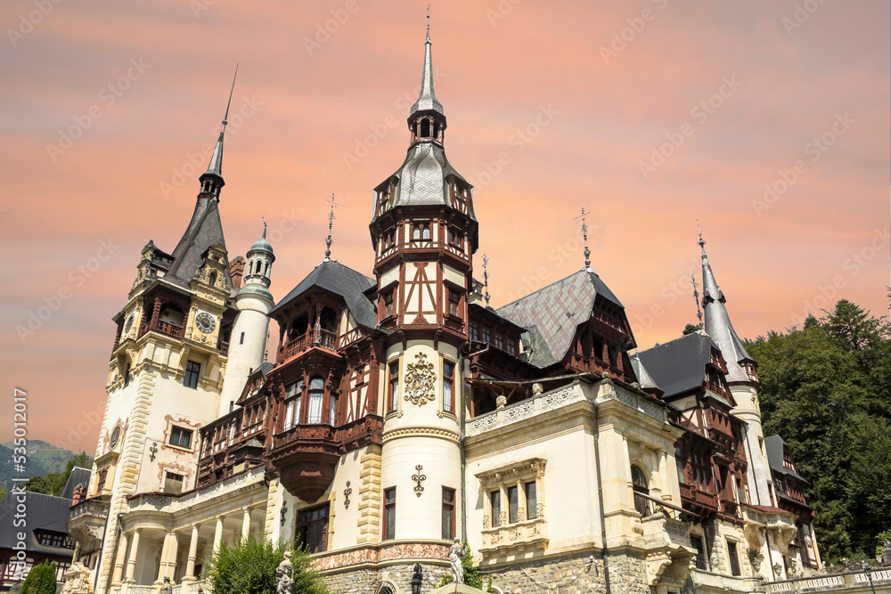 Sinaia Romania : Peles castle, Famous Neo-Renaissance castle at the base of the Carpathian Mountains, Europe Sinaia Romania : Peles castle, Famous Neo-Renaissance castle at the base of the Carpathian Mountains, Europe