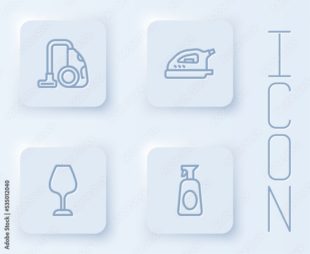 Set line Vacuum cleaner, Electric iron, Wine glass and Cleaning spray with detergent. White square button. Vector Set line Vacuum cleaner, Electric iron, Wine glass and Cleaning spray with detergent. White square button. Vector