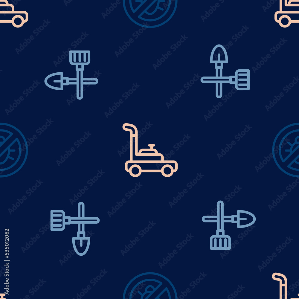Set line Stop colorado beetle, Shovel and rake and Lawn mower on seamless pattern. Vector Set line Stop colorado beetle, Shovel and rake and Lawn mower on seamless pattern. Vector