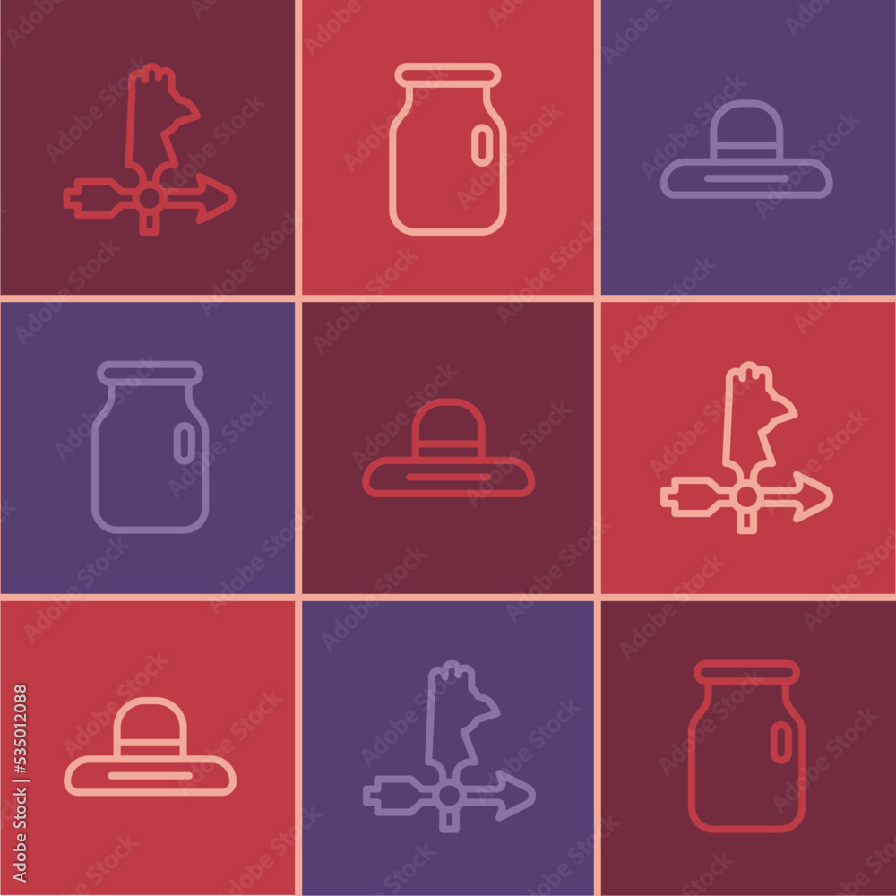 Set line Rooster weather vane, Farmer worker hat and Glass jar with screw-cap icon. Vector Set line Rooster weather vane, Farmer worker hat and Glass jar with screw-cap icon. Vector