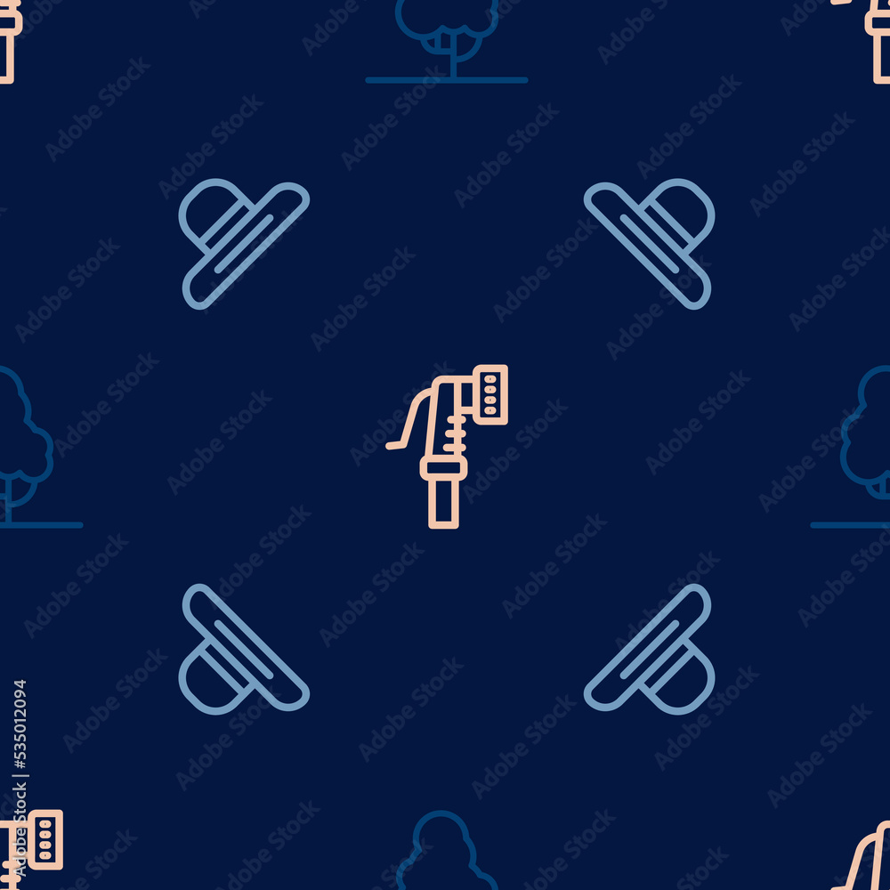Set line Fruit tree, Farmer worker hat and Garden hose on seamless pattern. Vector Set line Fruit tree, Farmer worker hat and Garden hose on seamless pattern. Vector