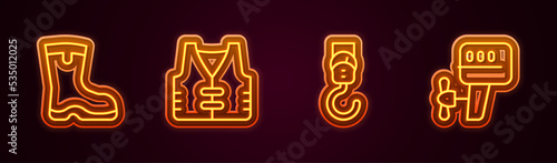 Set line Fishing boots, jacket, Spring scale and Outboard boat motor. Glowing neon icon. Vector