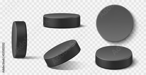 Realistic ice hockey puck. Black rubber puck in different positions, sport inventory for winter team game on skating rink, 3d front and side view on transparent background utter vector set