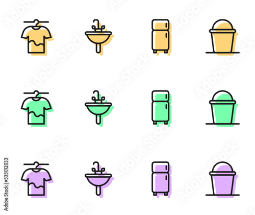 Set line Refrigerator, Drying clothes, Washbasin and Bucket icon. Vector
