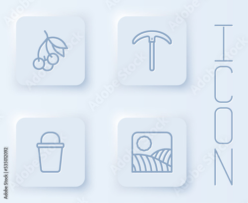 Set line Fresh berries, Pickaxe, Bucket and Agriculture wheat field farm. White square button. Vector