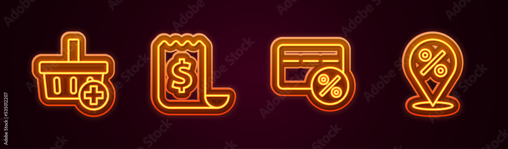 Set line Add to Shopping basket, Paper check and financial check, Discount card with percent and Location. Glowing neon icon. Vector Set line Add to Shopping basket, Paper check and financial check, Discount card with percent and Location. Glowing neon icon. Vector